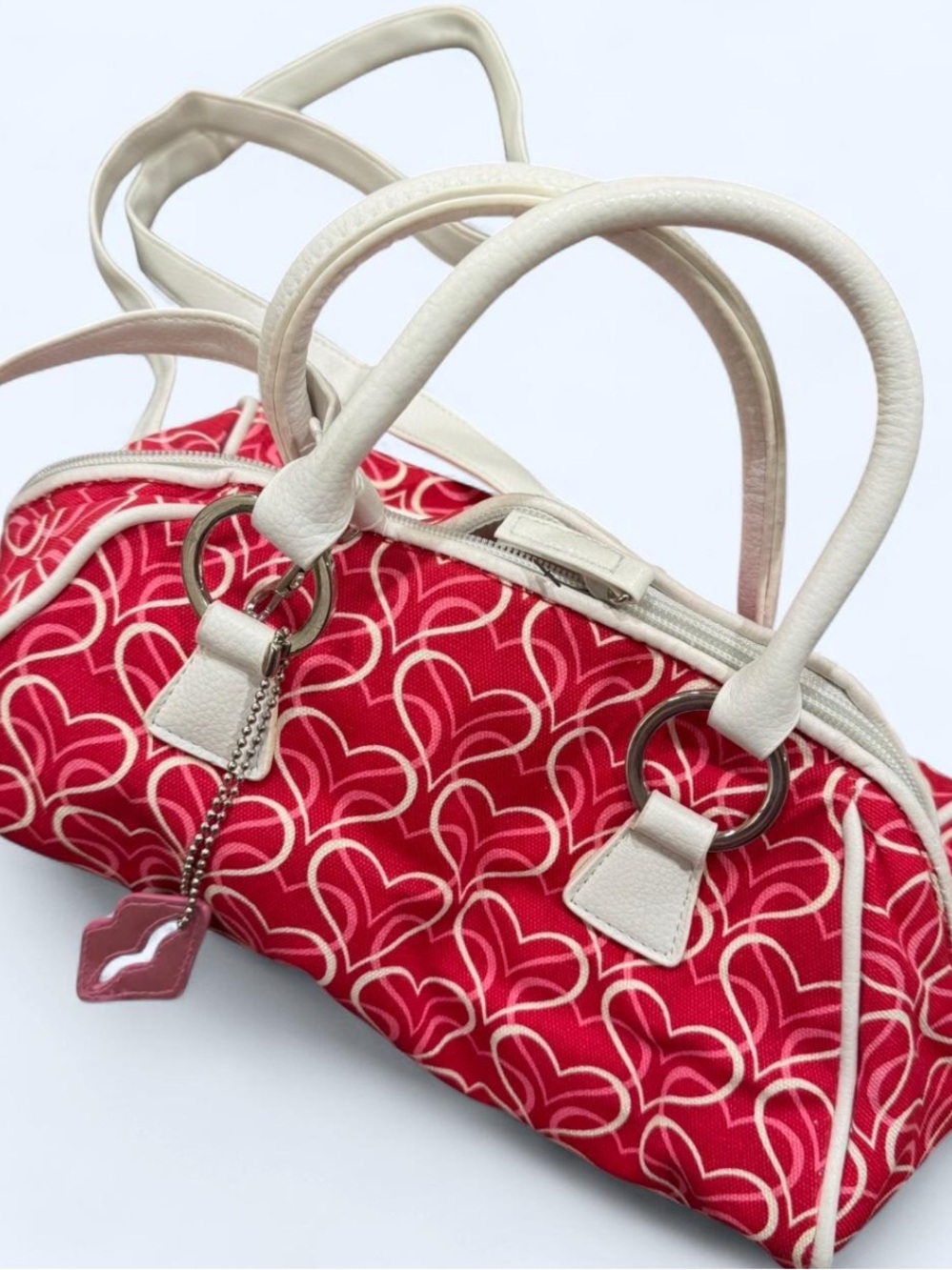 Red Heart-Pattern Satchel Handbag with Cream Trim